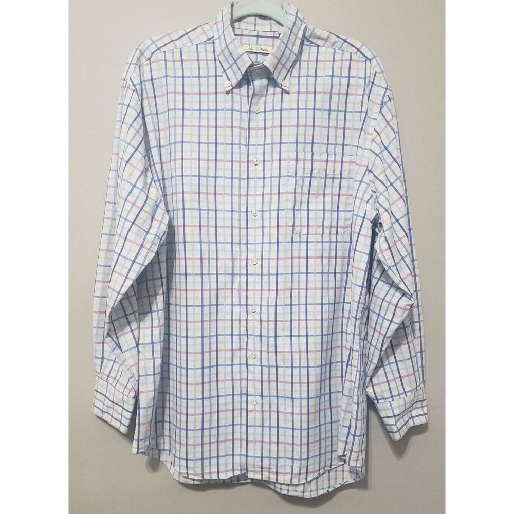 Peter Millar Men's Size Large Grid Check 100% Cotton Button Up Long Sleeve Shirt